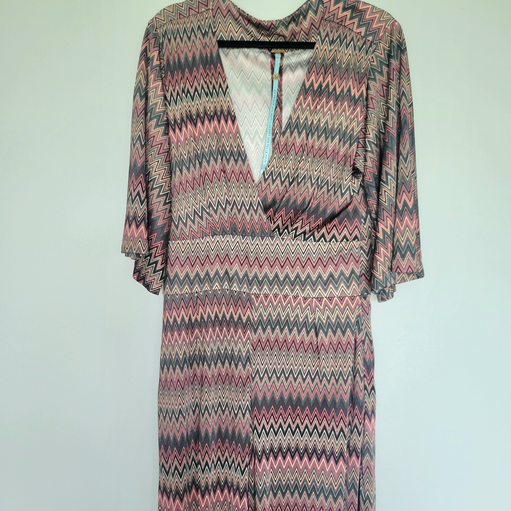 FARM RIO Revolve Zigzag Pink Gray V-Neck Jumpsuit Womens Sz Large